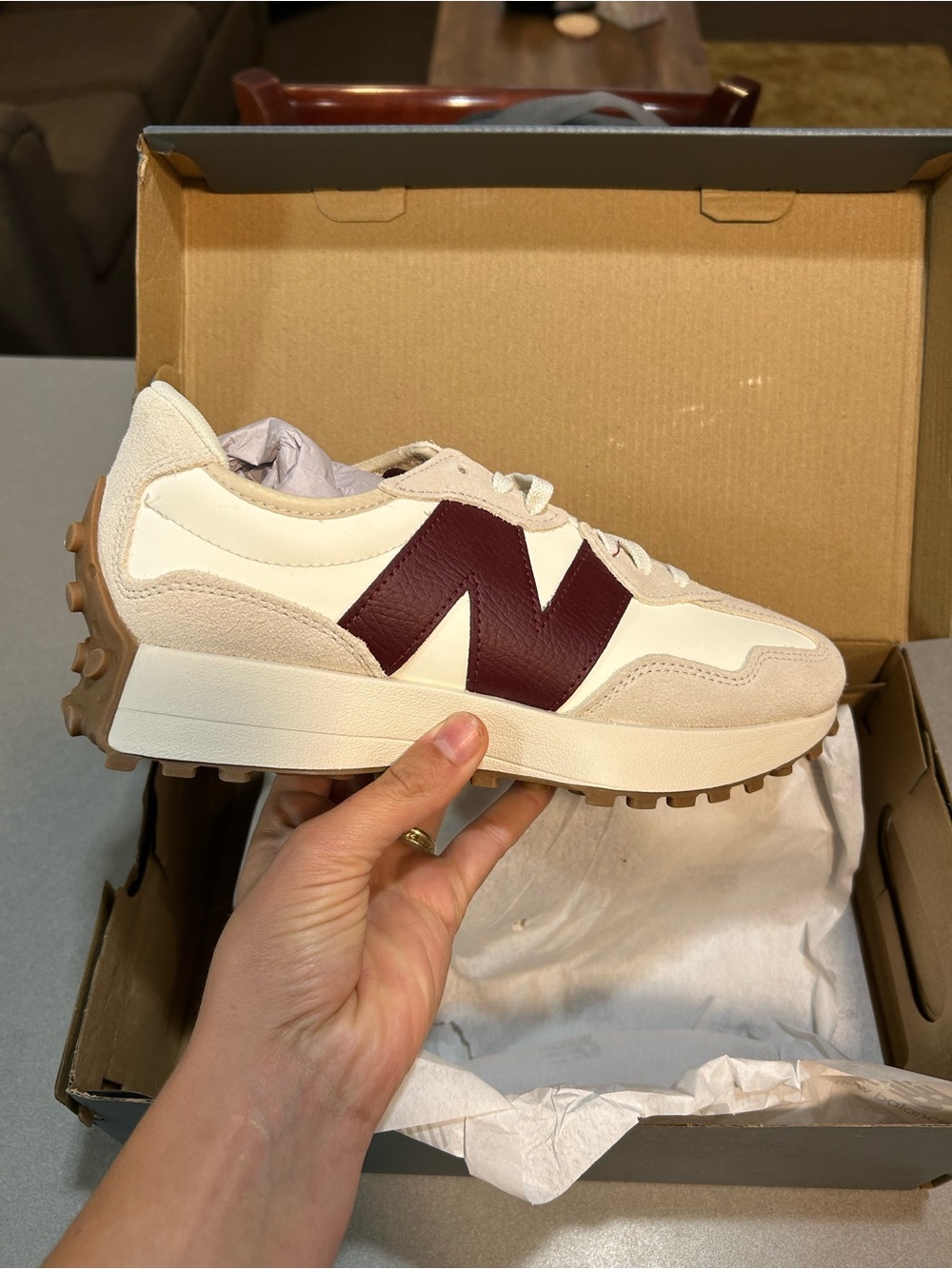 New Balance Women's Cream Sneakers with Burgundy 'N' Accent